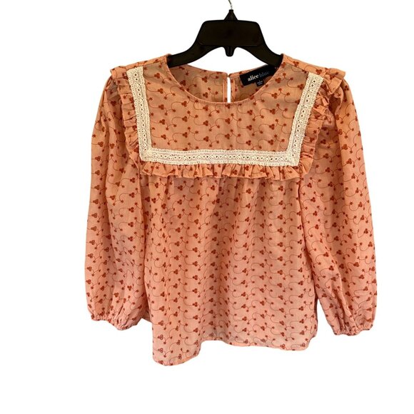 Alice Blue Boho Floral Eyelet Blouse Lace Trim Long Sleeve Peach Top Size S - Picture 1 of 8